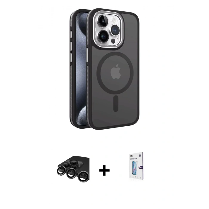 MARSİLYAN™- iPhone 15 Pro Max Kılıf Yörünge Klasik - Siyah Bilvis 0.18mm Plus Cam Ekran Koruyucu + Raze Metal Kamera Lens - TMGI