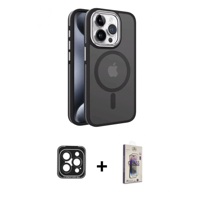 MARSİLYAN™- iPhone 15 Pro Max Kılıf Yörünge Klasik - Siyah Bilvis 3D Cam Ekran Koruyucu + PVD Metal Kamera Lens - SH