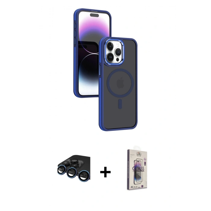 MARSİLYAN™- iPhone 15 Pro Max Kılıf Yörünge Klasik - Siyah Bilvis 3D Cam Ekran Koruyucu + Raze Metal Kamera Lens - LT