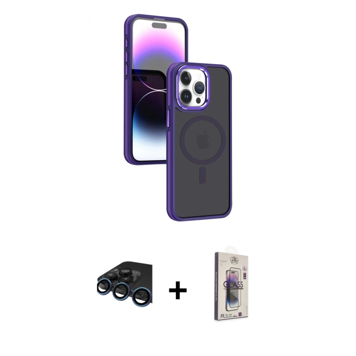 MARSİLYAN™- iPhone 15 Pro Max Kılıf Yörünge Klasik - Siyah Bilvis 3D Cam Ekran Koruyucu + Raze Metal Kamera Lens - LT