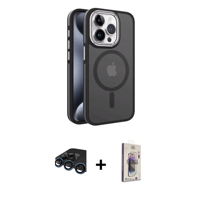 MARSİLYAN™- iPhone 15 Pro Max Kılıf Yörünge Klasik - Siyah Bilvis 3D Cam Ekran Koruyucu + Raze Metal Kamera Lens - LT