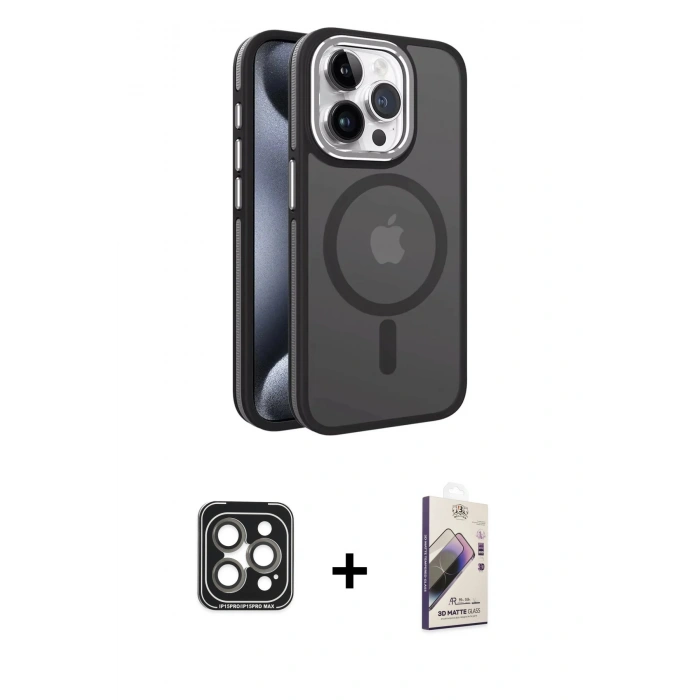 MARSİLYAN™- iPhone 15 Pro Max Kılıf Yörünge Klasik - Siyah Bilvis 3D Mat Cam Ekran Koruyucu + PVD Metal Kamera Lens - GI