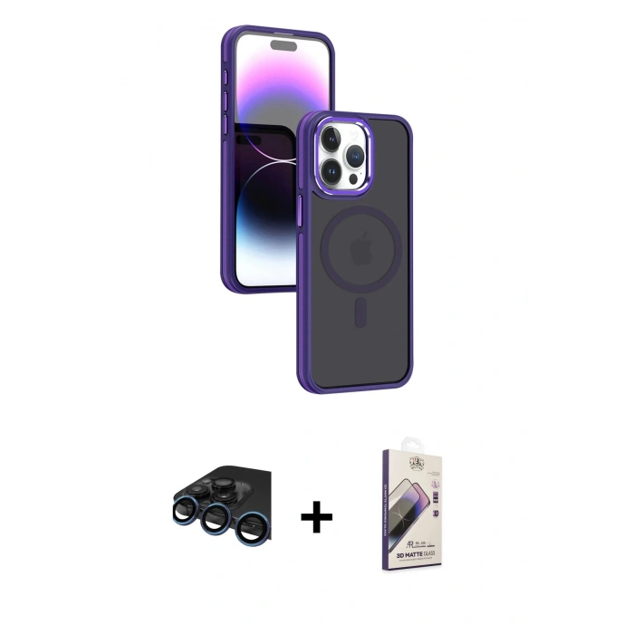 MARSİLYAN™- iPhone 15 Pro Max Kılıf Yörünge Klasik - Siyah Bilvis 3D Mat Cam Ekran Koruyucu + Raze Metal Kamera Lens - LT