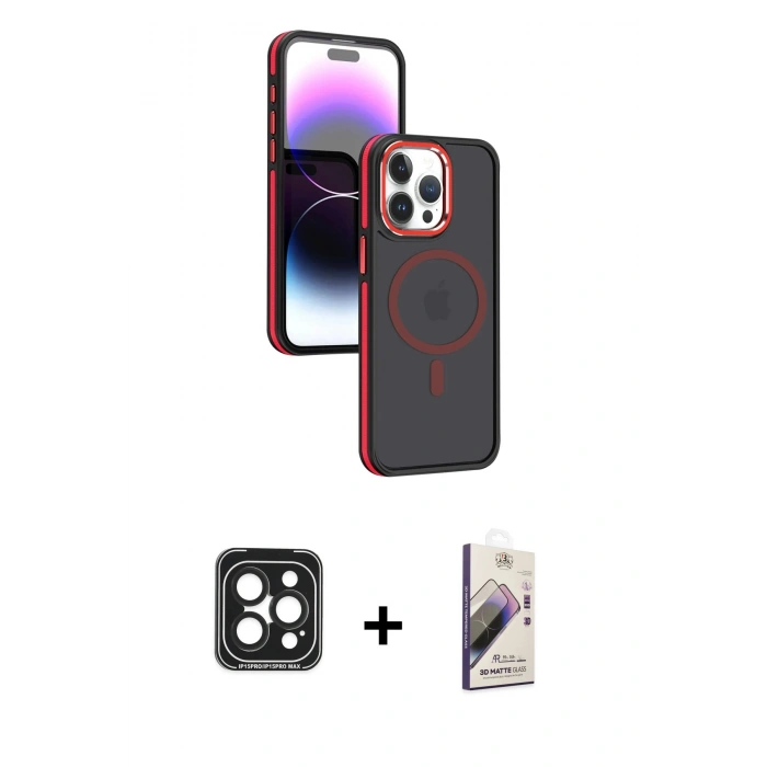 MARSİLYAN™- iPhone 15 Pro Max Kılıf Yörünge Klasik - Siyah Bilvis 3D Mat Cam Ekran Koruyucu + PVD Metal Kamera Lens - SH