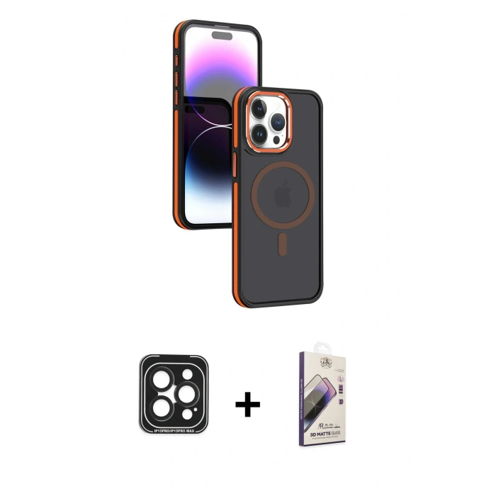 MARSİLYAN™- iPhone 15 Pro Max Kılıf Yörünge Klasik - Siyah Bilvis 3D Mat Cam Ekran Koruyucu + PVD Metal Kamera Lens - SH