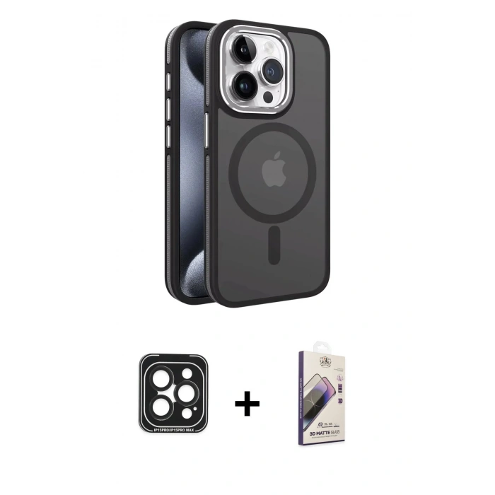 MARSİLYAN™- iPhone 15 Pro Max Kılıf Yörünge Klasik - Siyah Bilvis 3D Mat Cam Ekran Koruyucu + PVD Metal Kamera Lens - SH