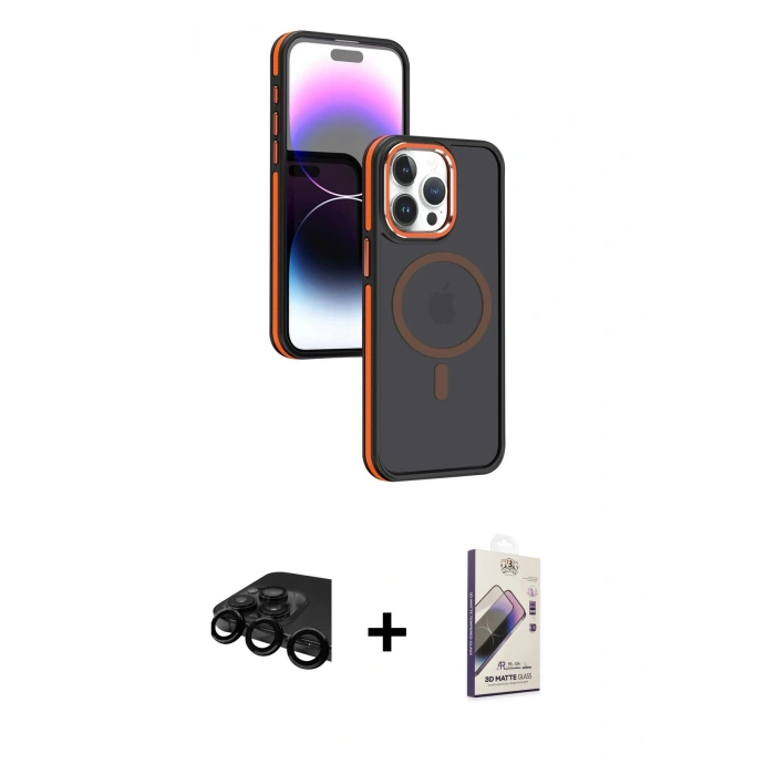 MARSİLYAN™- iPhone 15 Pro Max Kılıf Yörünge Klasik - Siyah Bilvis 3D Mat Cam Ekran Koruyucu + Siyah Raze Metal Kamera Lens