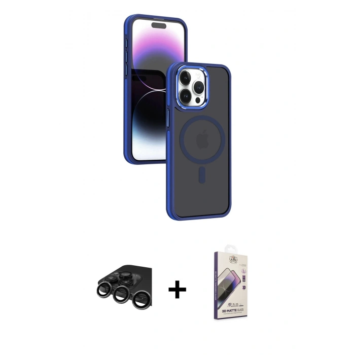 MARSİLYAN™- iPhone 15 Pro Max Kılıf Yörünge Klasik - Siyah Bilvis 3D Mat Cam Ekran Koruyucu + Raze Metal Kamera Lens - TMGI