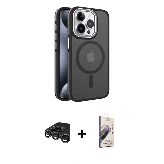 MARSİLYAN™- iPhone 15 Pro Max Kılıf Yörünge Klasik - Siyah Bilvis 3D Mat Cam Ekran Koruyucu + Raze Metal Kamera Lens - TMGI