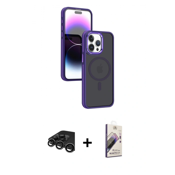 MARSİLYAN™- iPhone 15 Pro Max Kılıf Yörünge Klasik - Siyah Bilvis 3D Mat Cam Ekran Koruyucu + Raze Metal Kamera Lens - TMGI