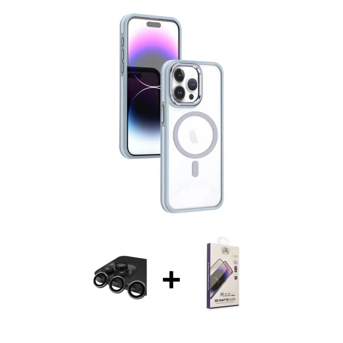 MARSİLYAN™- iPhone 15 Pro Max Kılıf Yörünge Klasik - Siyah Bilvis 3D Mat Cam Ekran Koruyucu + Raze Metal Kamera Lens - TMGI