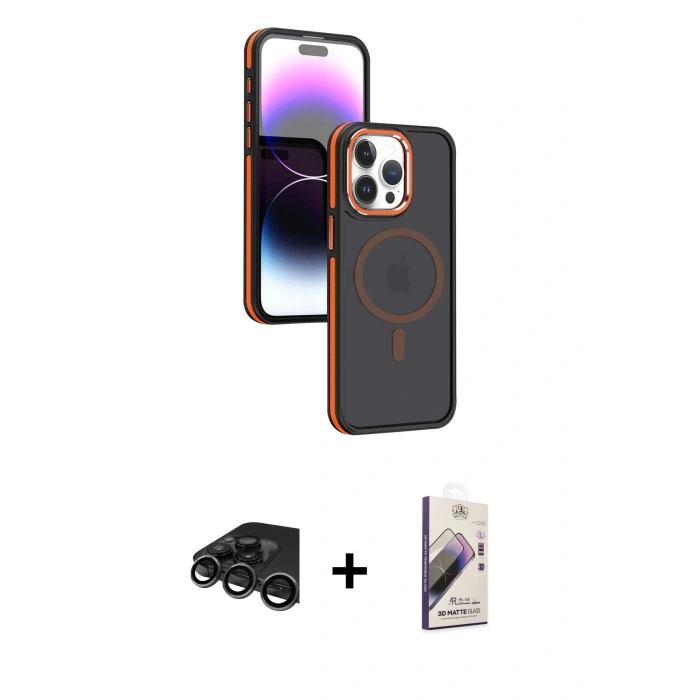 MARSİLYAN™- iPhone 15 Pro Max Kılıf Yörünge Klasik - Siyah Bilvis 3D Mat Cam Ekran Koruyucu + Raze Metal Kamera Lens - TMGI
