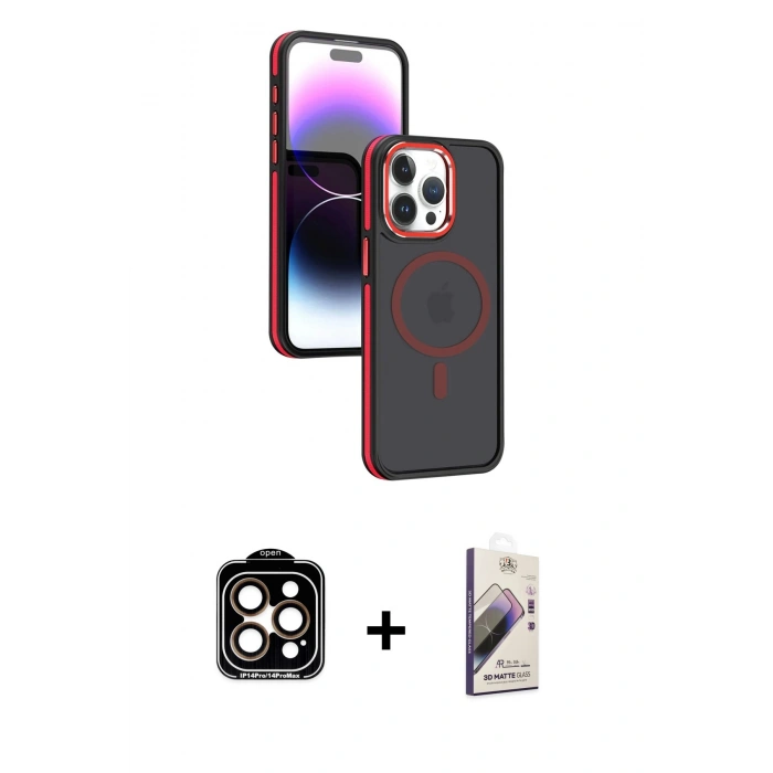 MARSİLYAN™- iPhone 15 Pro Max Kılıf Yörünge Klasik - Siyah Bilvis 3D Mat Cam Ekran Koruyucu + PVD Metal Kamera Lens - TU