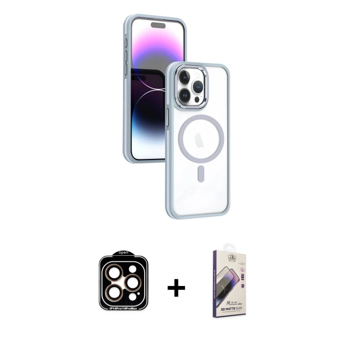 MARSİLYAN™- iPhone 15 Pro Max Kılıf Yörünge Klasik - Siyah Bilvis 3D Mat Cam Ekran Koruyucu + PVD Metal Kamera Lens - TU