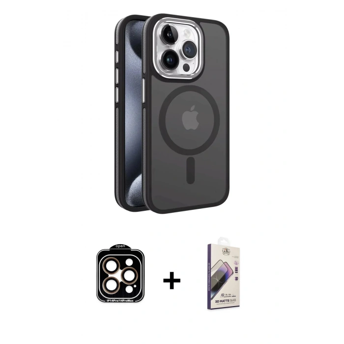 MARSİLYAN™- iPhone 15 Pro Max Kılıf Yörünge Klasik - Siyah Bilvis 3D Mat Cam Ekran Koruyucu + PVD Metal Kamera Lens - TU