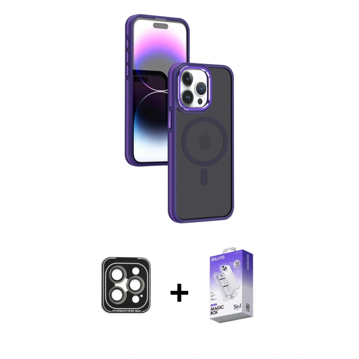 MARSİLYAN™- iPhone 15 Pro Max Kılıf Yörünge Klasik - Siyah Bilvis 5in1 3D Magic Cam Ekran Koruyucu + PVD Metal Kamera Lens - GI