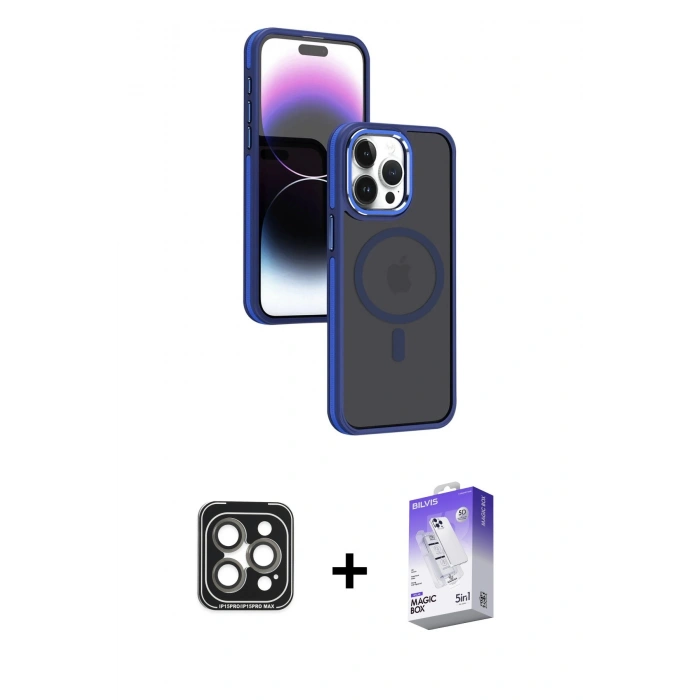 MARSİLYAN™- iPhone 15 Pro Max Kılıf Yörünge Klasik - Siyah Bilvis 5in1 3D Magic Cam Ekran Koruyucu + PVD Metal Kamera Lens - GI