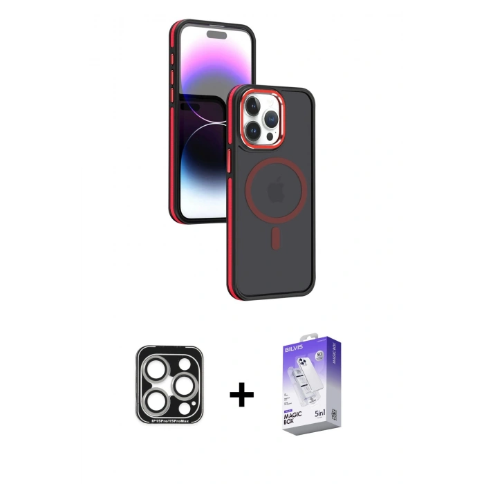 MARSİLYAN™- iPhone 15 Pro Max Kılıf Yörünge Klasik - Siyah Bilvis 5in1 3D Magic Cam Ekran Koruyucu + PVD Metal Kamera Lens - GS