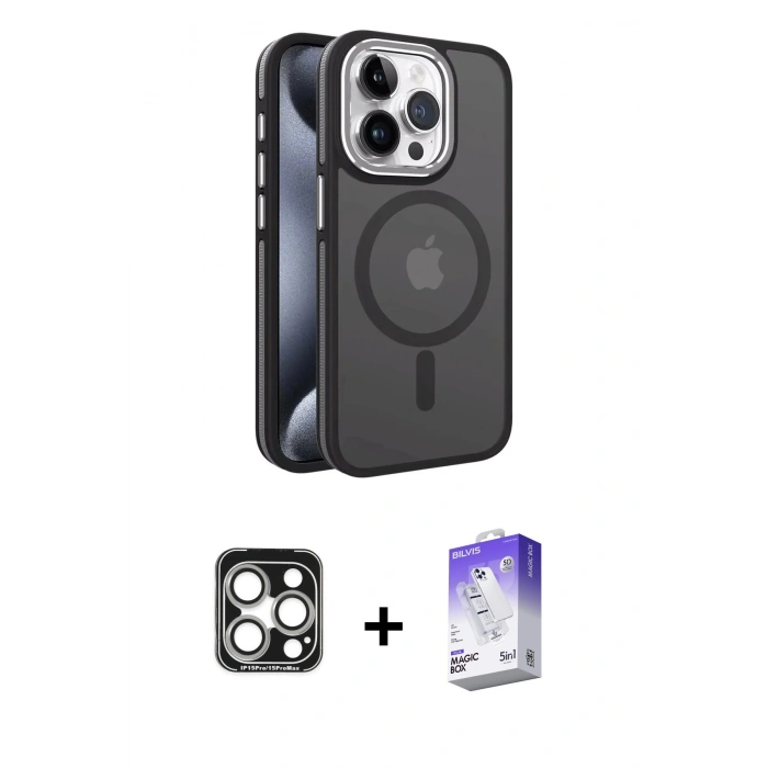 MARSİLYAN™- iPhone 15 Pro Max Kılıf Yörünge Klasik - Siyah Bilvis 5in1 3D Magic Cam Ekran Koruyucu + PVD Metal Kamera Lens - GS