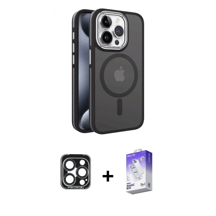 MARSİLYAN™- iPhone 15 Pro Max Kılıf Yörünge Klasik - Siyah Bilvis 5in1 3D Magic Cam Ekran Koruyucu + PVD Metal Kamera Lens - LT