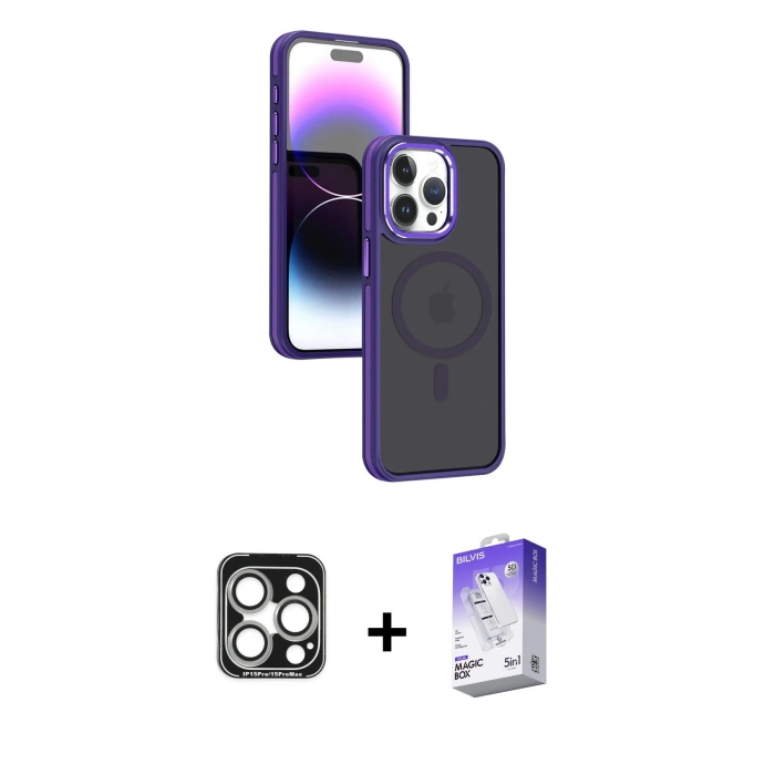 MARSİLYAN™- iPhone 15 Pro Max Kılıf Yörünge Klasik - Siyah Bilvis 5in1 3D Magic Cam Ekran Koruyucu + PVD Metal Kamera Lens - GS