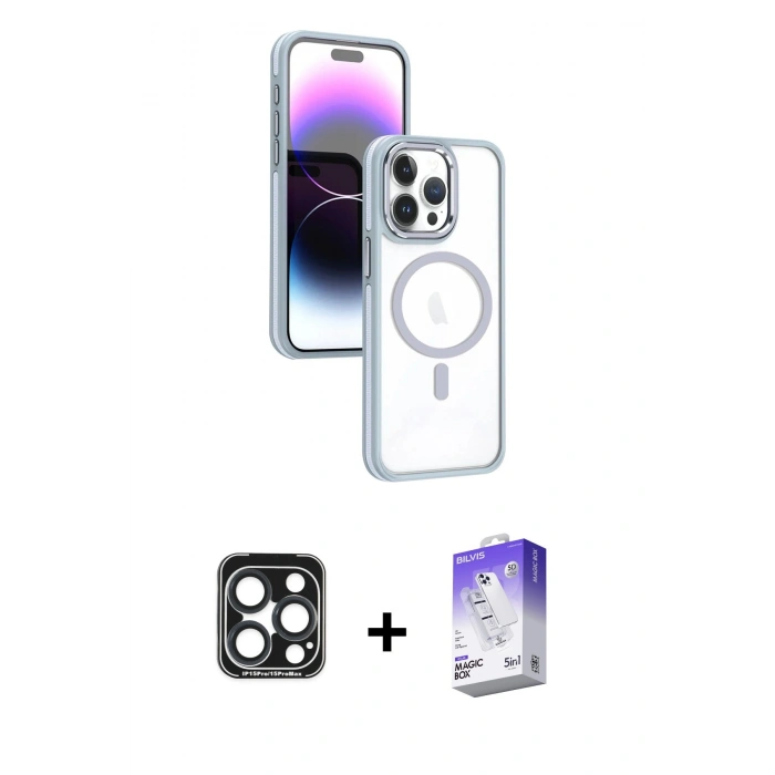 MARSİLYAN™- iPhone 15 Pro Max Kılıf Yörünge Klasik - Siyah Bilvis 5in1 3D Magic Cam Ekran Koruyucu + PVD Metal Kamera Lens - LT