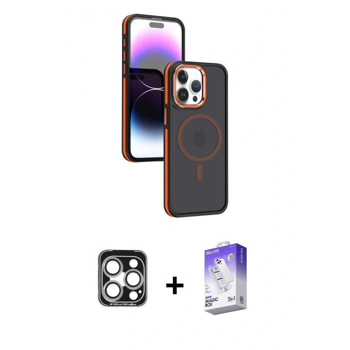MARSİLYAN™- iPhone 15 Pro Max Kılıf Yörünge Klasik - Siyah Bilvis 5in1 3D Magic Cam Ekran Koruyucu + PVD Metal Kamera Lens - GS