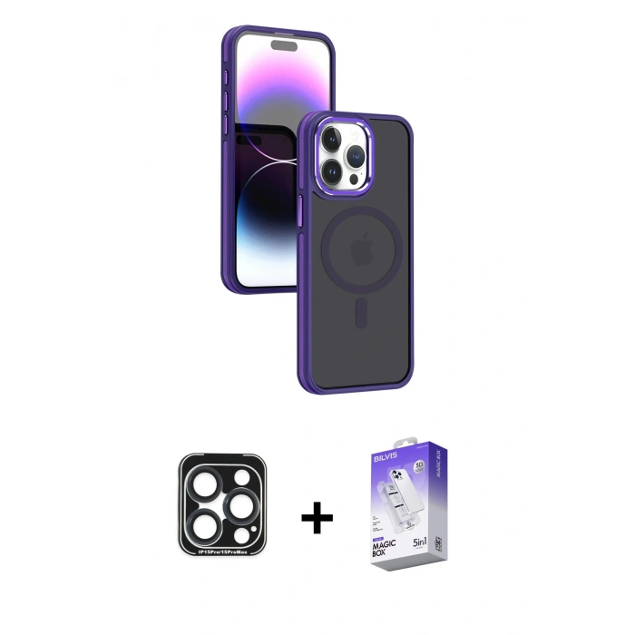 MARSİLYAN™- iPhone 15 Pro Max Kılıf Yörünge Klasik - Siyah Bilvis 5in1 3D Magic Cam Ekran Koruyucu + PVD Metal Kamera Lens - LT