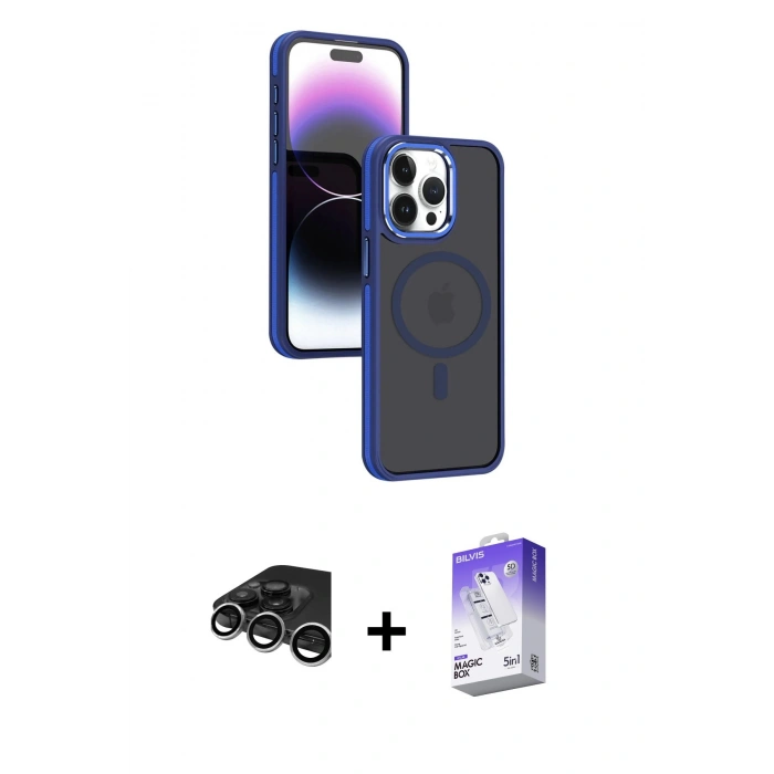 MARSİLYAN™- iPhone 15 Pro Max Kılıf Yörünge Klasik - Siyah Bilvis 5in1 3D Magic Cam Ekran Koruyucu + Raze Metal Kamera Lens - GS