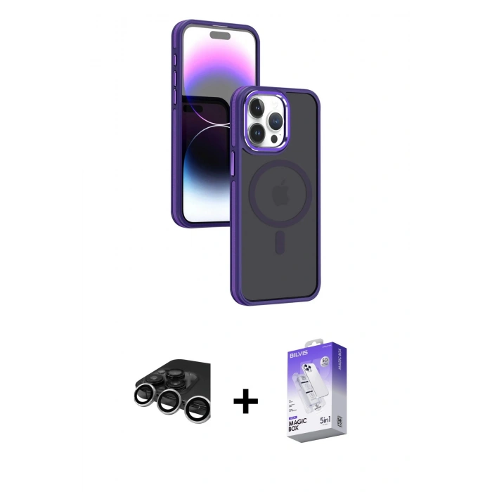 MARSİLYAN™- iPhone 15 Pro Max Kılıf Yörünge Klasik - Siyah Bilvis 5in1 3D Magic Cam Ekran Koruyucu + Raze Metal Kamera Lens - GS