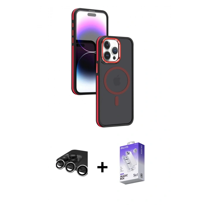 MARSİLYAN™- iPhone 15 Pro Max Kılıf Yörünge Klasik - Siyah Bilvis 5in1 3D Magic Cam Ekran Koruyucu + Raze Metal Kamera Lens - GS