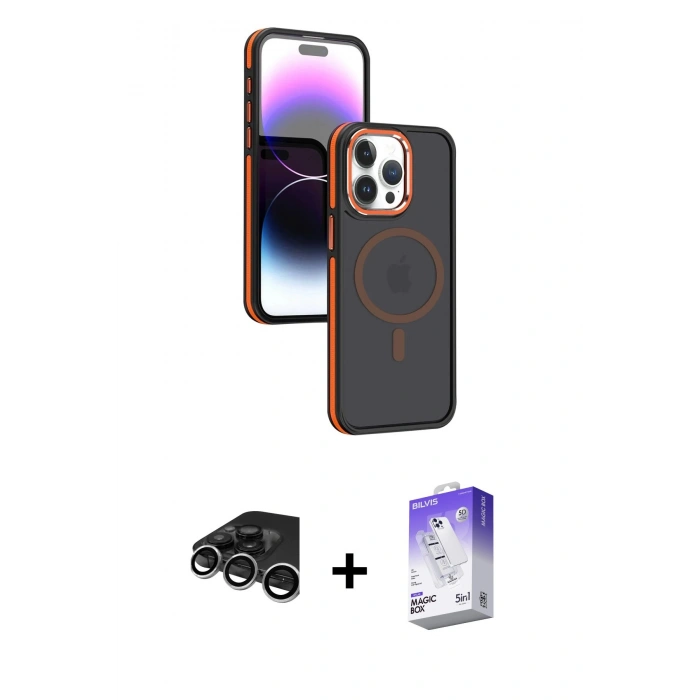 MARSİLYAN™- iPhone 15 Pro Max Kılıf Yörünge Klasik - Siyah Bilvis 5in1 3D Magic Cam Ekran Koruyucu + Raze Metal Kamera Lens - GS