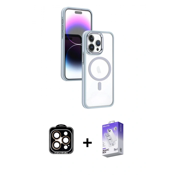 MARSİLYAN™- iPhone 15 Pro Max Kılıf Yörünge Klasik - Siyah Bilvis 5in1 3D Magic Cam Ekran Koruyucu + Turuncu PVD Metal Kamera Lens