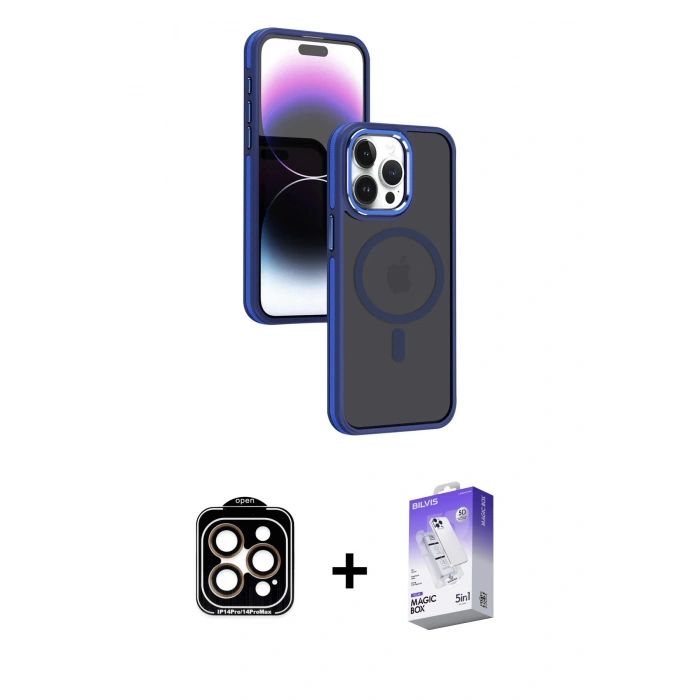 MARSİLYAN™- iPhone 15 Pro Max Kılıf Yörünge Klasik - Siyah Bilvis 5in1 3D Magic Cam Ekran Koruyucu + Turuncu PVD Metal Kamera Lens