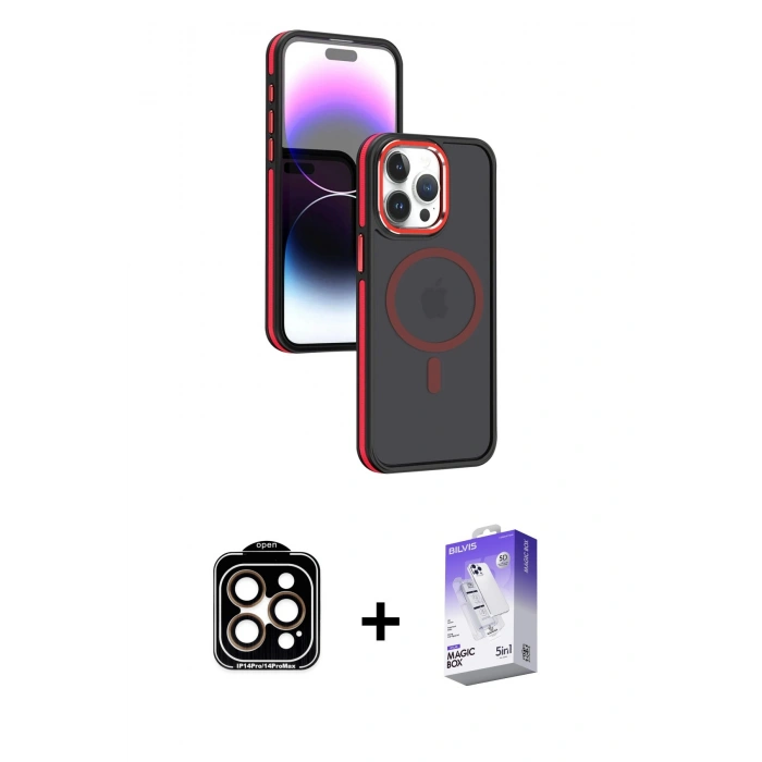MARSİLYAN™- iPhone 15 Pro Max Kılıf Yörünge Klasik - Siyah Bilvis 5in1 3D Magic Cam Ekran Koruyucu + Turuncu PVD Metal Kamera Lens