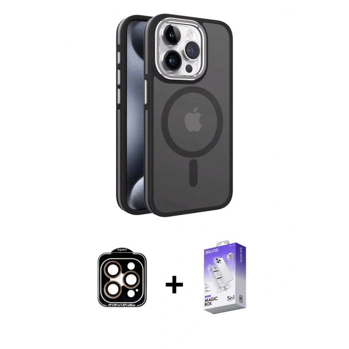 MARSİLYAN™- iPhone 15 Pro Max Kılıf Yörünge Klasik - Siyah Bilvis 5in1 3D Magic Cam Ekran Koruyucu + Turuncu PVD Metal Kamera Lens