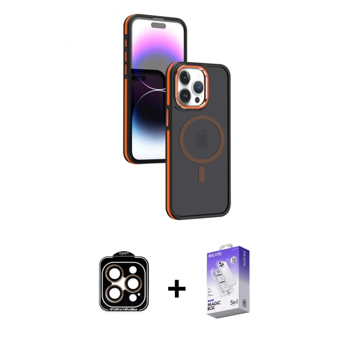 MARSİLYAN™- iPhone 15 Pro Max Kılıf Yörünge Klasik - Siyah Bilvis 5in1 3D Magic Cam Ekran Koruyucu + Turuncu PVD Metal Kamera Lens