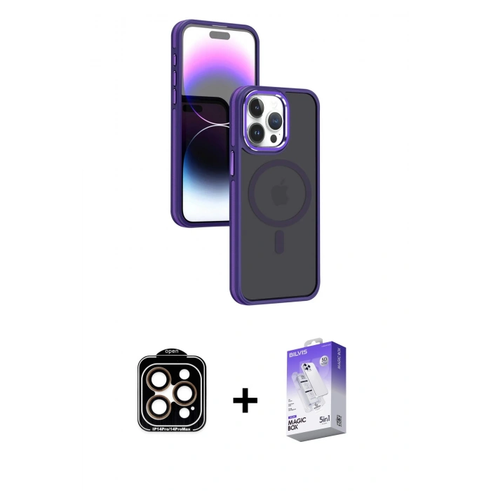 MARSİLYAN™- iPhone 15 Pro Max Kılıf Yörünge Klasik - Siyah Bilvis 5in1 3D Magic Cam Ekran Koruyucu + Turuncu PVD Metal Kamera Lens