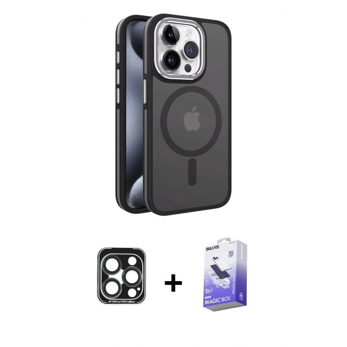MARSİLYAN™- iPhone 15 Pro Max Kılıf Yörünge Klasik - Siyah Bilvis 5in1 5D Magic Hayalet Cam Ekran Koruyucu + PVD Metal Kamera Lens - LT