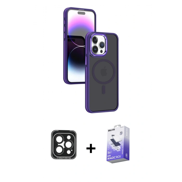 MARSİLYAN™- iPhone 15 Pro Max Kılıf Yörünge Klasik - Siyah Bilvis 5in1 5D Magic Hayalet Cam Ekran Koruyucu + PVD Metal Kamera Lens - SH