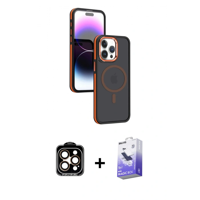 MARSİLYAN™- iPhone 15 Pro Max Kılıf Yörünge Klasik - Siyah Bilvis 5in1 5D Magic Hayalet Cam Ekran Koruyucu + PVD Metal Kamera Lens - TU