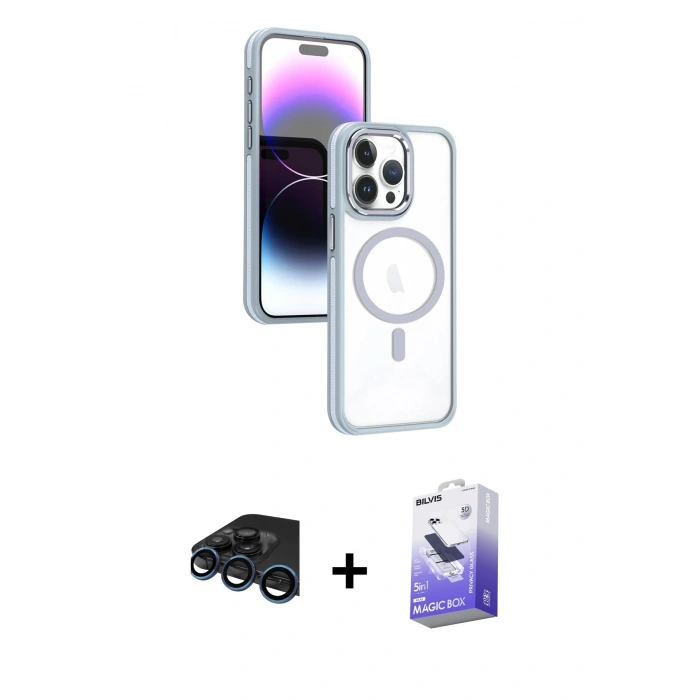 MARSİLYAN™- iPhone 15 Pro Max Kılıf Yörünge Klasik - Siyah Bilvis 5in1 5D Magic Hayalet Cam Ekran Koruyucu + Raze Metal Kamera Lens - LT