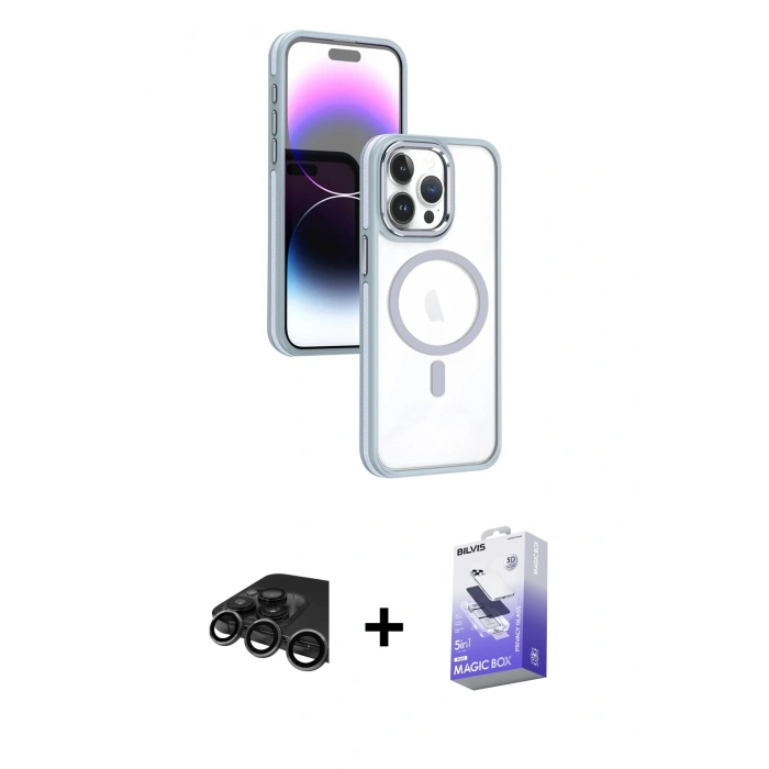 MARSİLYAN™- iPhone 15 Pro Max Kılıf Yörünge Klasik - Siyah Bilvis 5in1 5D Magic Hayalet Cam Ekran Koruyucu + Titanyum Gri Raze Metal Kamera Lens