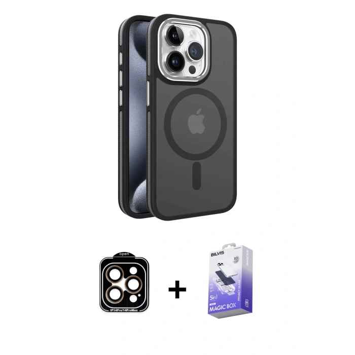 MARSİLYAN™- iPhone 15 Pro Max Kılıf Yörünge Klasik - Siyah Bilvis 5in1 5D Magic Hayalet Cam Ekran Koruyucu + PVD Metal Kamera Lens - TU