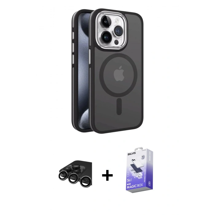 MARSİLYAN™- iPhone 15 Pro Max Kılıf Yörünge Klasik - Siyah Bilvis 5in1 5D Magic Hayalet Cam Ekran Koruyucu + Titanyum Gri Raze Metal Kamera Lens