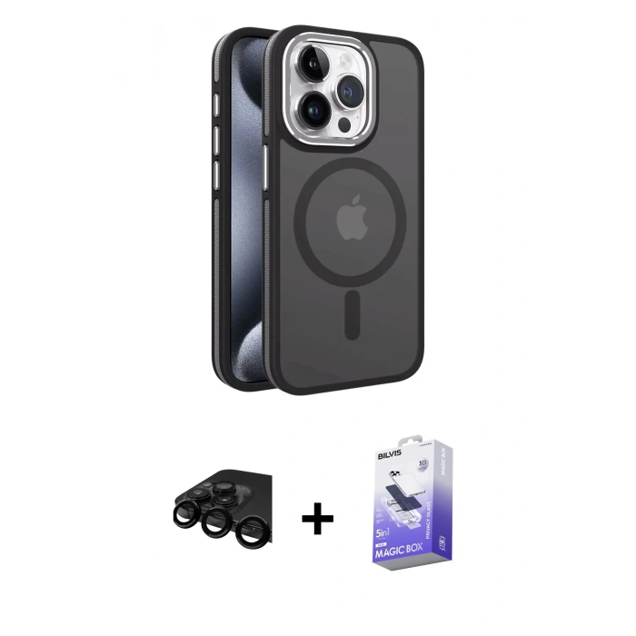 MARSİLYAN™- iPhone 15 Pro Max Kılıf Yörünge Klasik - Siyah Bilvis 5in1 5D Magic Hayalet Cam Ekran Koruyucu + Raze Metal Kamera Lens - SH