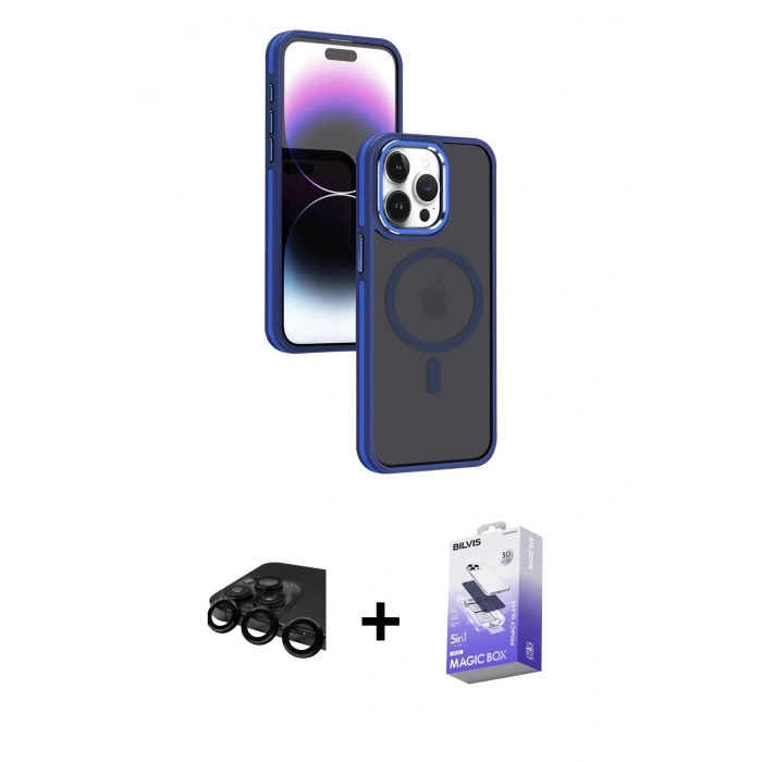 MARSİLYAN™- iPhone 15 Pro Max Kılıf Yörünge Klasik - Siyah Bilvis 5in1 5D Magic Hayalet Cam Ekran Koruyucu + Raze Metal Kamera Lens - SH