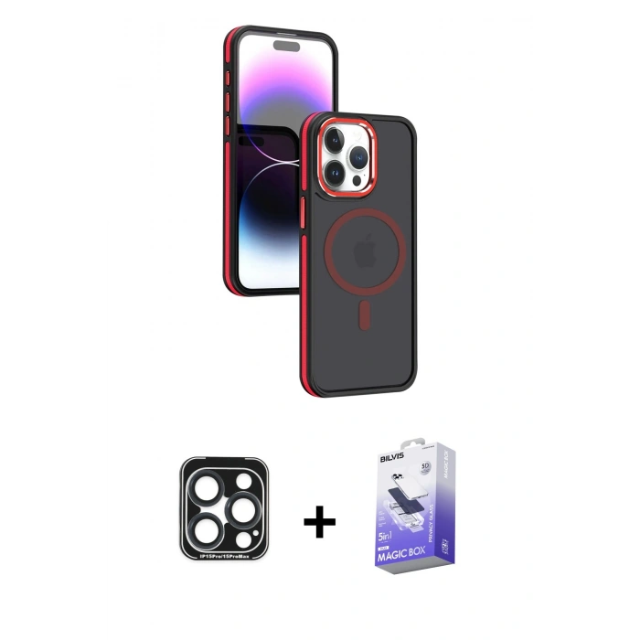 MARSİLYAN™- iPhone 15 Pro Max Kılıf Yörünge Klasik - Siyah Bilvis 5in1 5D Magic Hayalet Cam Ekran Koruyucu + PVD Metal Kamera Lens - LT
