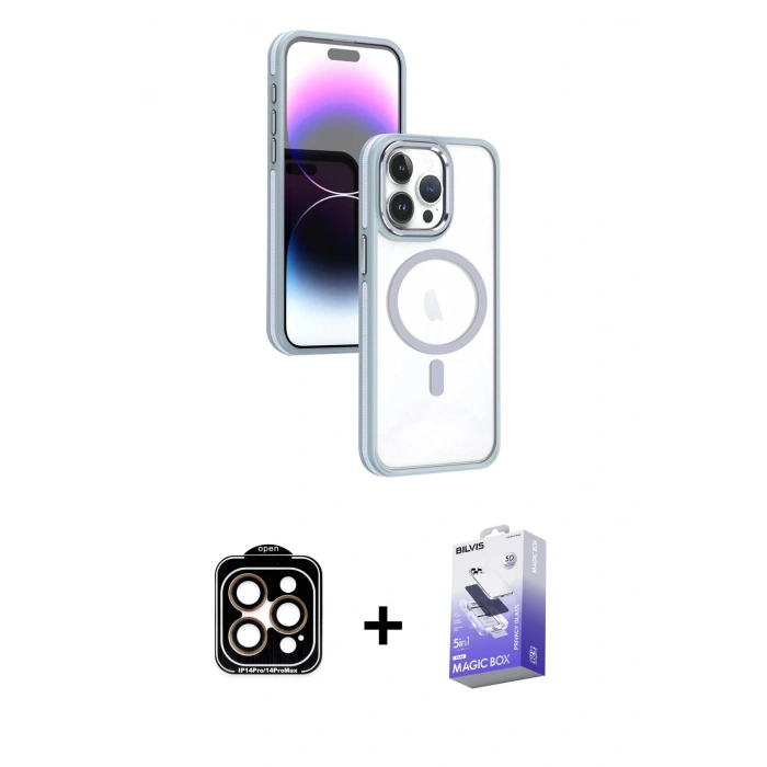 MARSİLYAN™- iPhone 15 Pro Max Kılıf Yörünge Klasik - Siyah Bilvis 5in1 5D Magic Hayalet Cam Ekran Koruyucu + PVD Metal Kamera Lens - TU