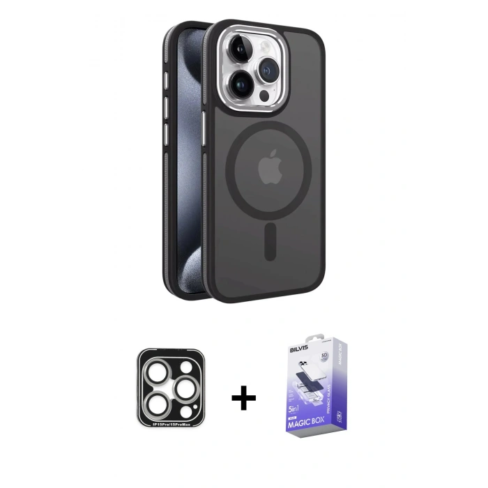 MARSİLYAN™- iPhone 15 Pro Max Kılıf Yörünge Klasik - Siyah Bilvis 5in1 5D Magic Hayalet Cam Ekran Koruyucu + PVD Metal Kamera Lens - GS